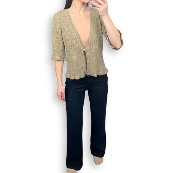 Vintage Cardigan Knit y2k Ruffle Hem Neutral Sweater - Picture 3 of 14